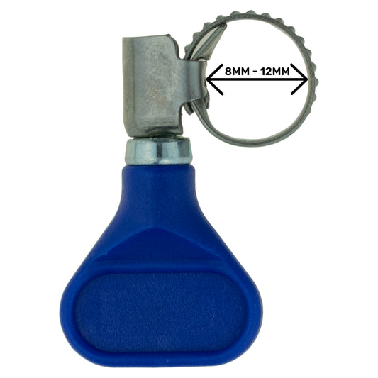 Single 8–12mm A2 stainless steel hose clip with butterfly key grip; colour may vary.