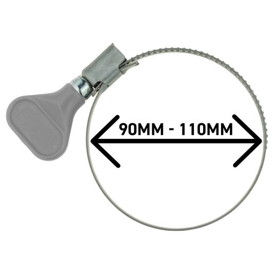 Single 90–110mm A2 stainless steel hose clip with butterfly key grip; colour may vary.