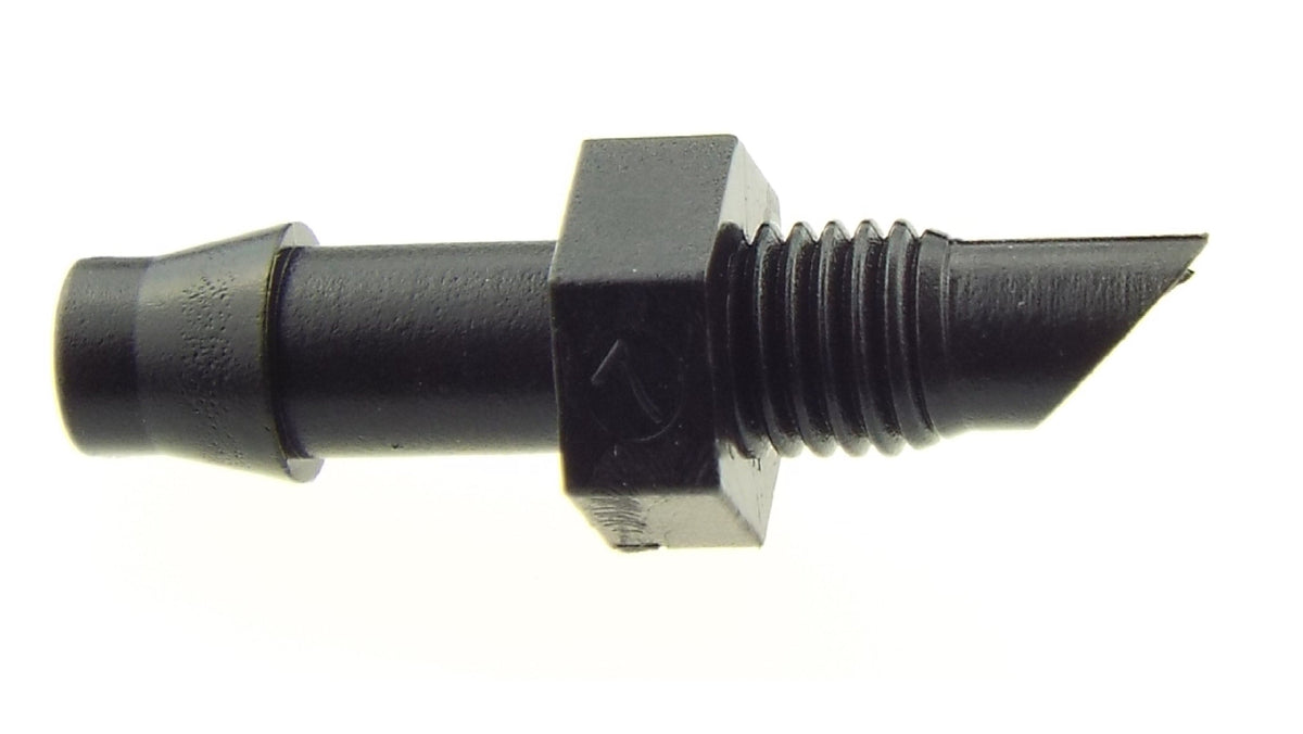 Single black Antelco40945 micro-irrigation adapter with4mm barb and10-32 UNF male thread.