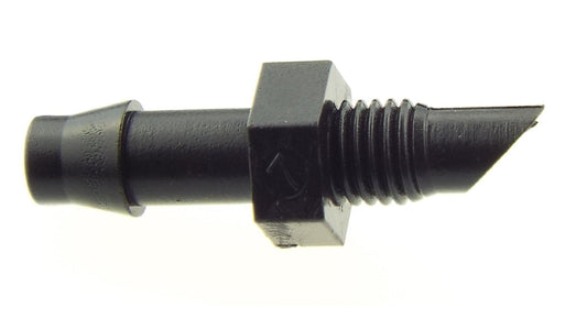 Single black Antelco40945 micro-irrigation adapter with4mm barb and10-32 UNF male thread.