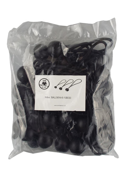 Black Bungee Ball Tie Set – 30 Pieces in 4″, 6″ & 10″ Sizes
