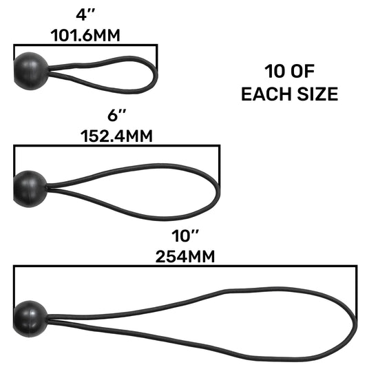 Black Bungee Ball Tie Set – 30 Pieces in 4″, 6″ & 10″ Sizes; product design shown.