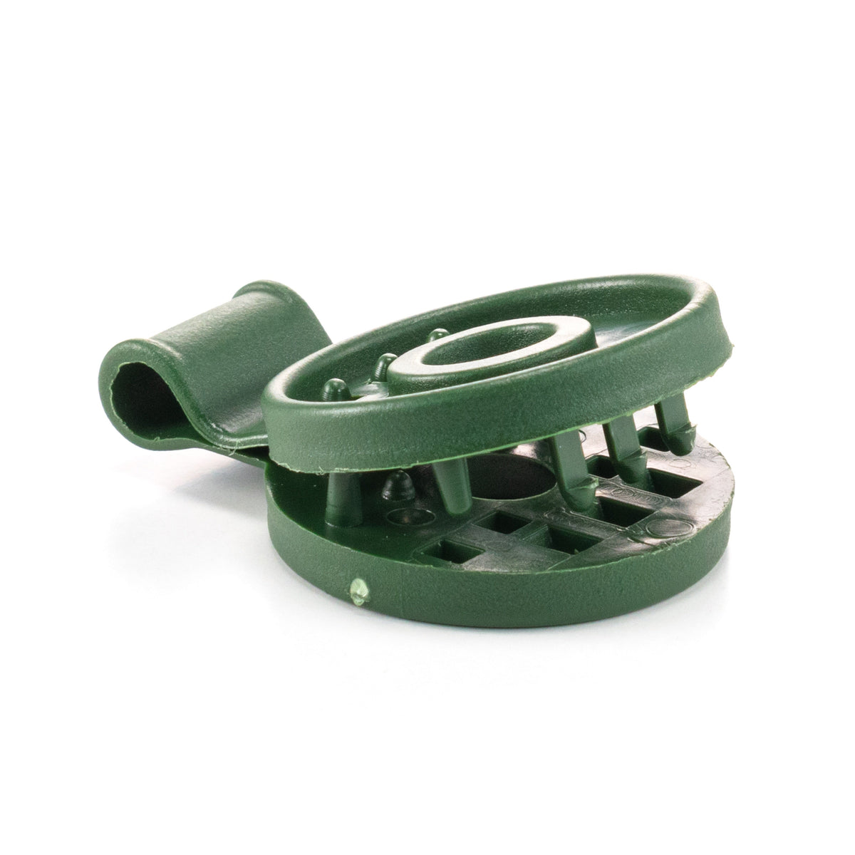Single green plastic shade-net clip with toothed closing faces and a cord attachment hole.