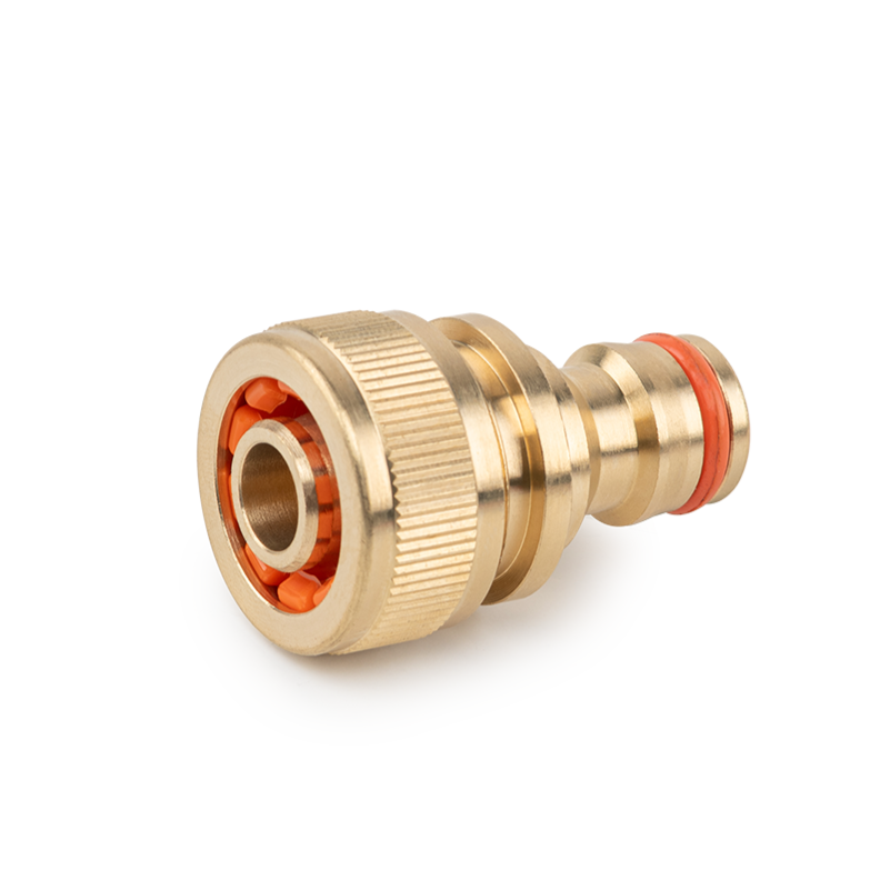 Brass BR-2122 male snap-on hose-end connector with screw-tight half-inch hose attachment.