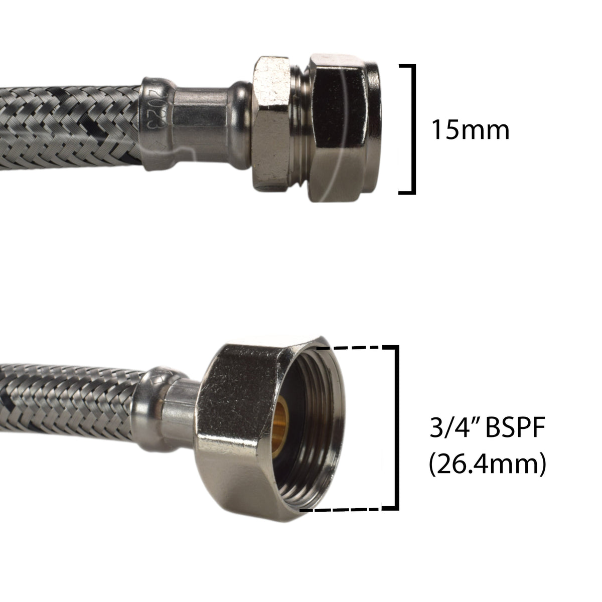 Braided Flexi Hose – 500mm, 15mm Compression to ¾″ BSP Female
