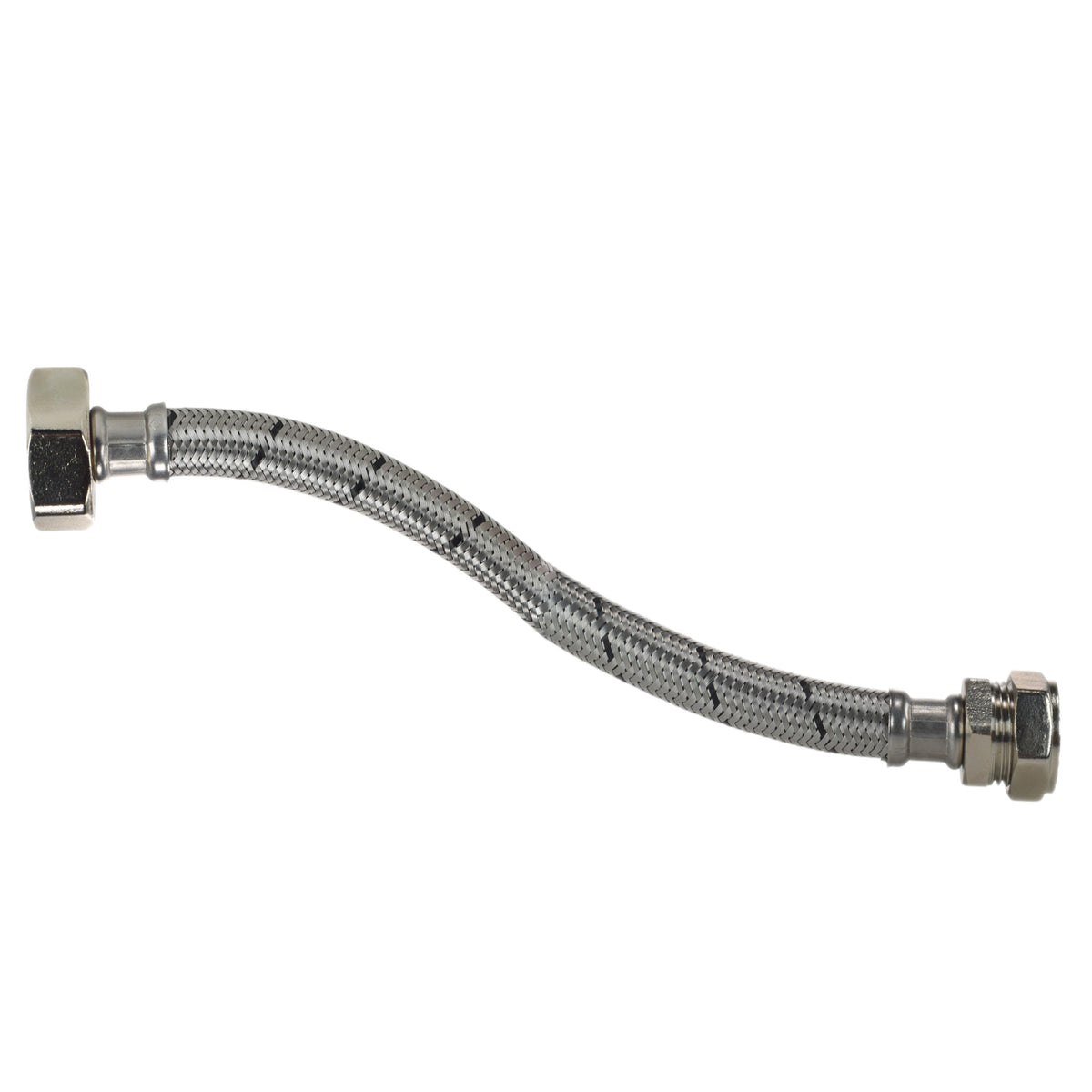 500mm flexible braided hose with 15mm compression nut and olive at one end and three-quarter-inch BSP female connection at the other.