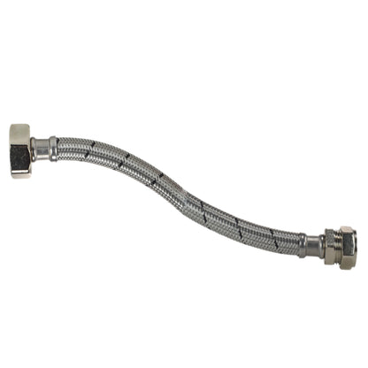 500mm flexible braided hose with 15mm compression nut and olive at one end and three-quarter-inch BSP female connection at the other.