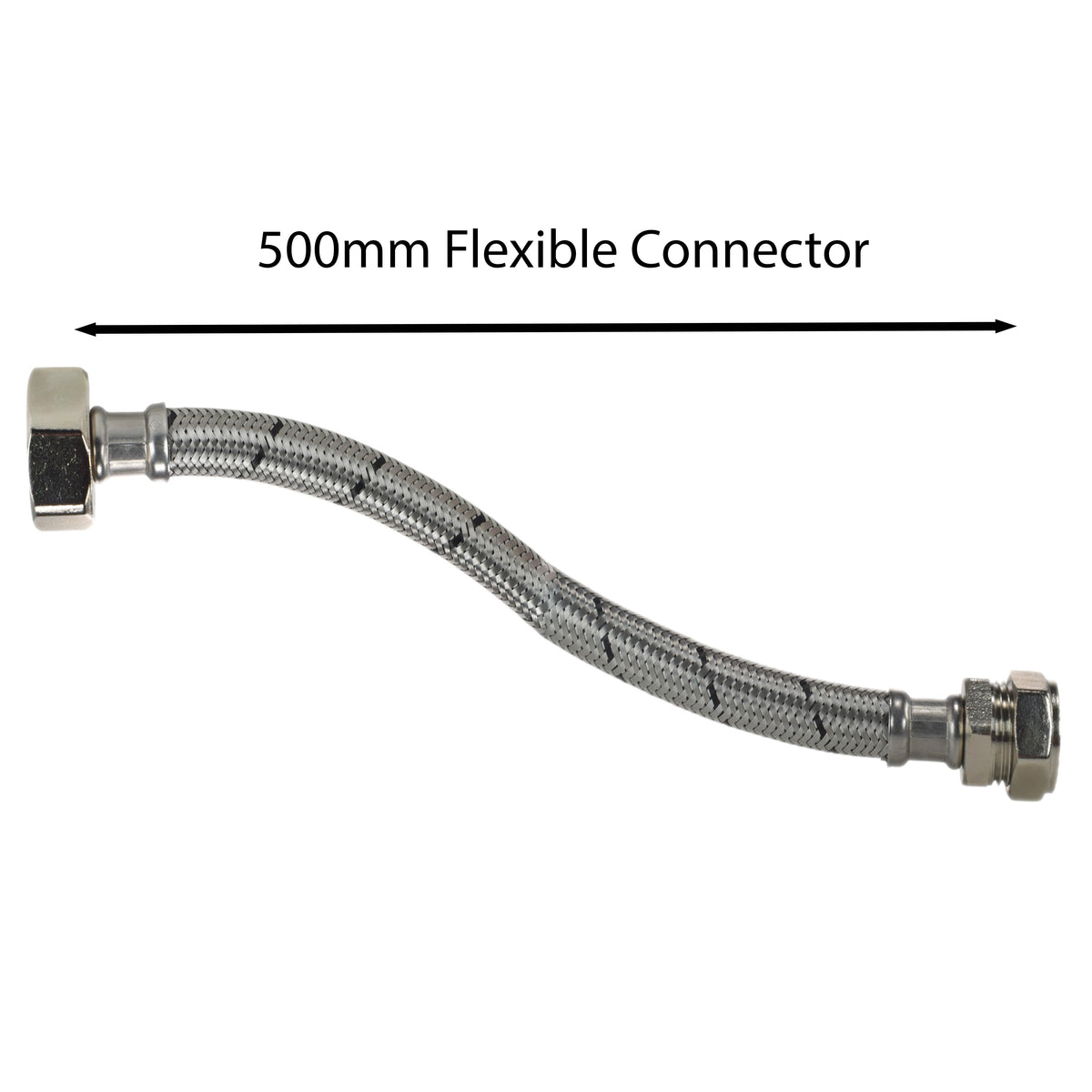 Braided Flexi Hose – 500mm, 15mm Compression to ¾″ BSP Female