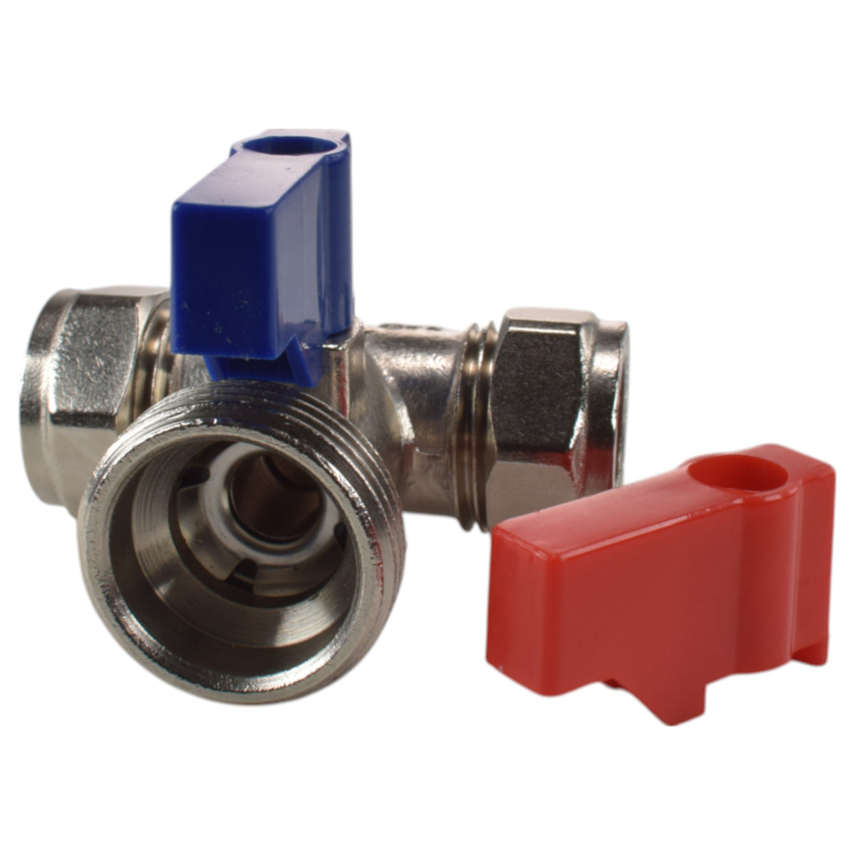 Brass tee valve with two 15mm compression nuts and a male three-quarter-inch BSP valved branch.