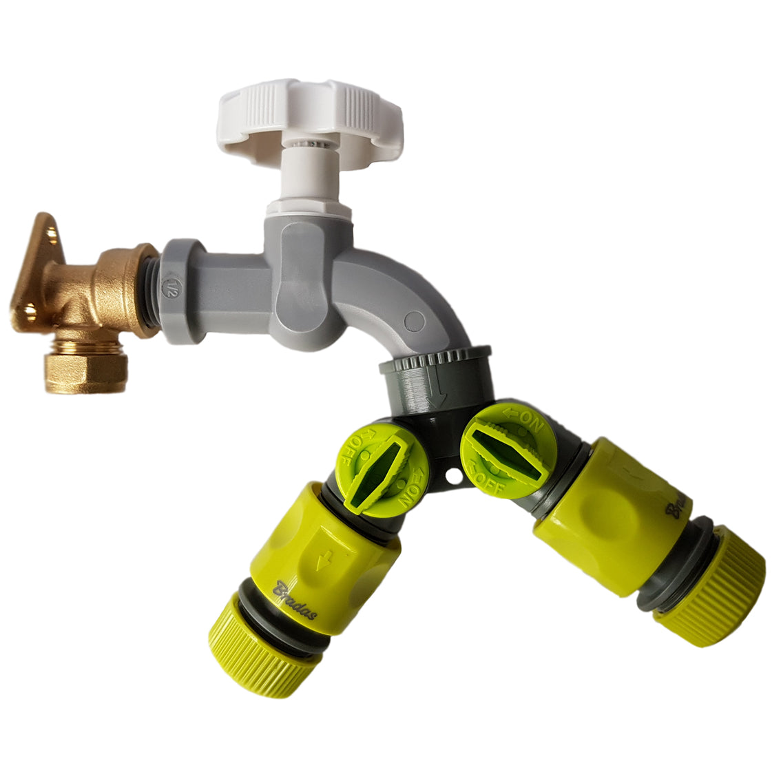 15mm Copper Wall Tap Kit – Grey Dial Tap & Twin Hose Ends; supplied product shown.