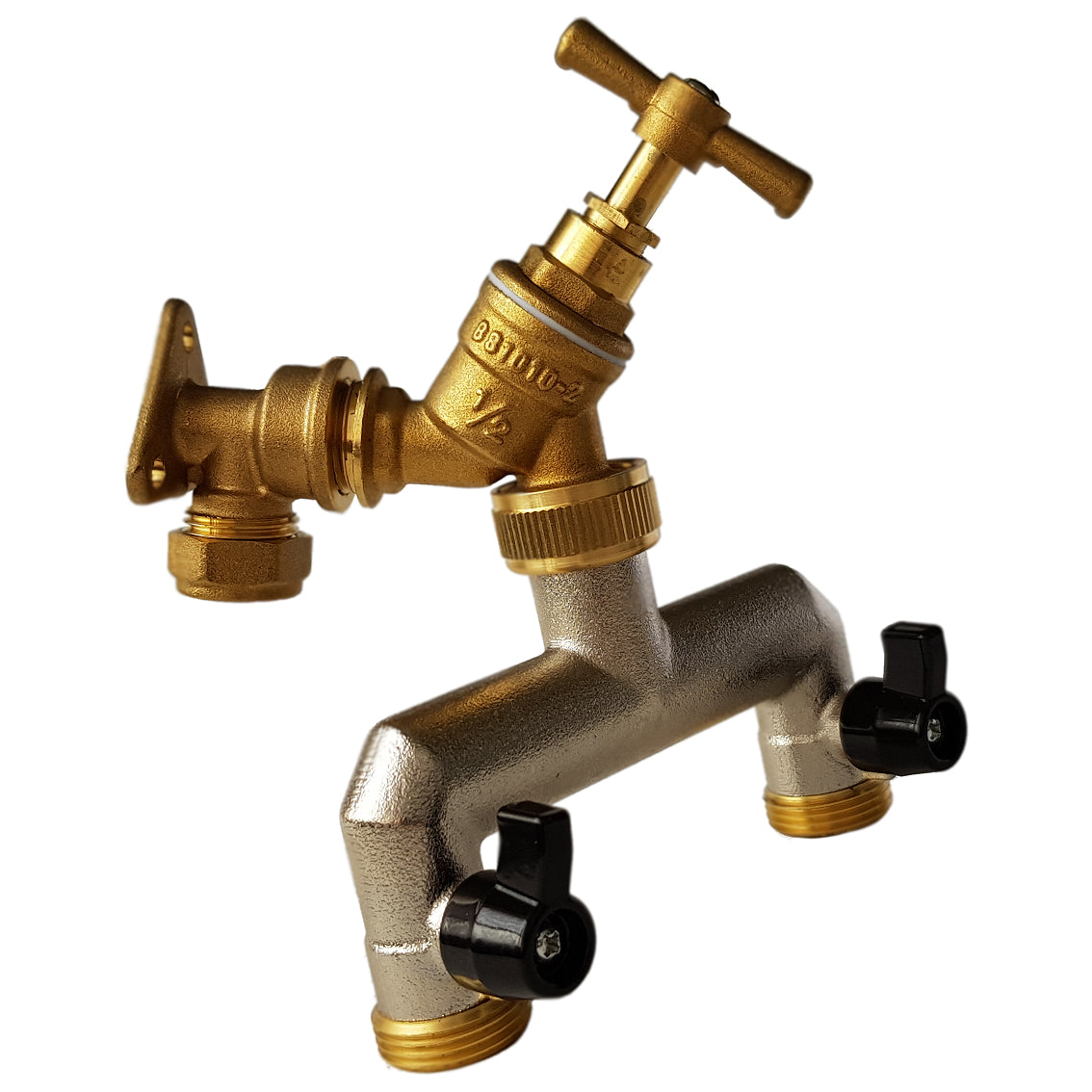 15mm Copper Wall Tap Kit – Brass Bib Tap & Twin ¾″ BSP Outlets; supplied product shown.