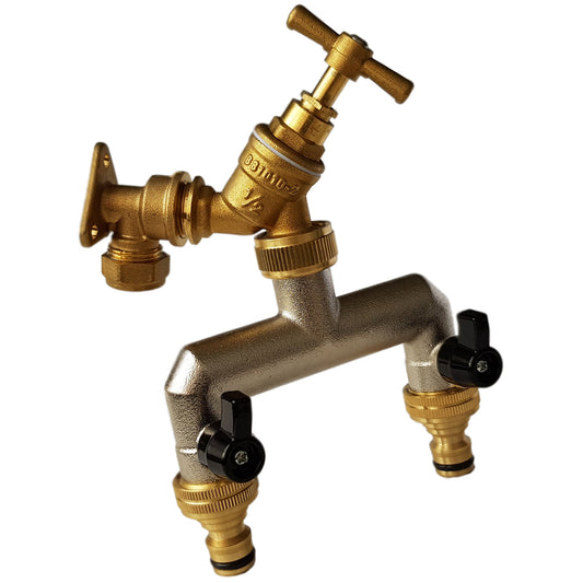 15mm Copper Wall Tap Kit – Brass Bib Tap & Twin Quick Outlets; supplied product shown.