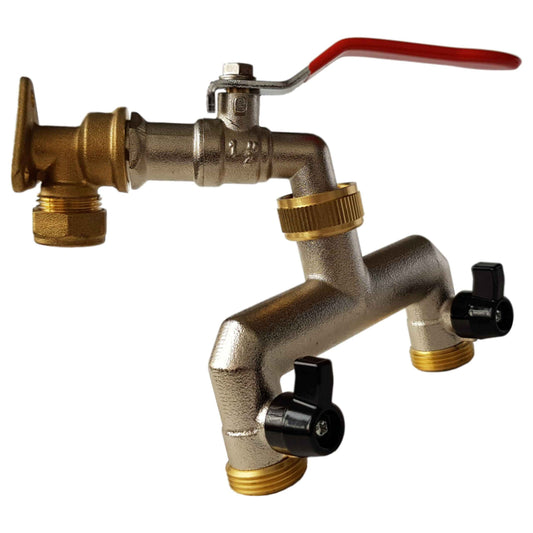 15mm Copper Wall Tap Kit – Lever Tap & Twin ¾″ BSP Outlets; supplied product shown.