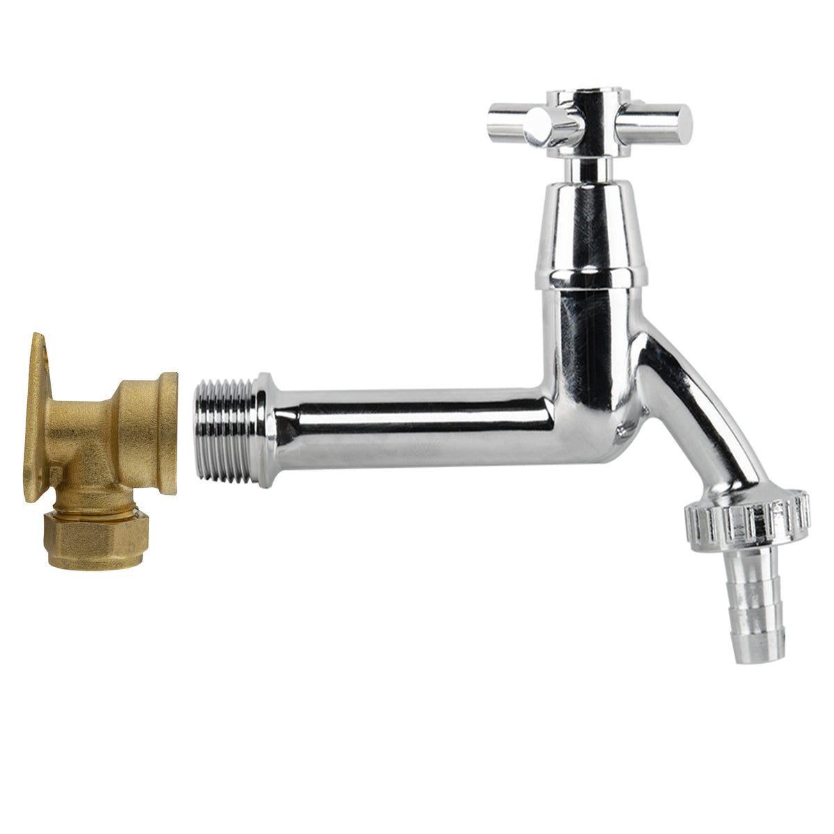 15mm Brass Wall Flange kit with extended cross-head tap and half-inch hose-barb outlet.