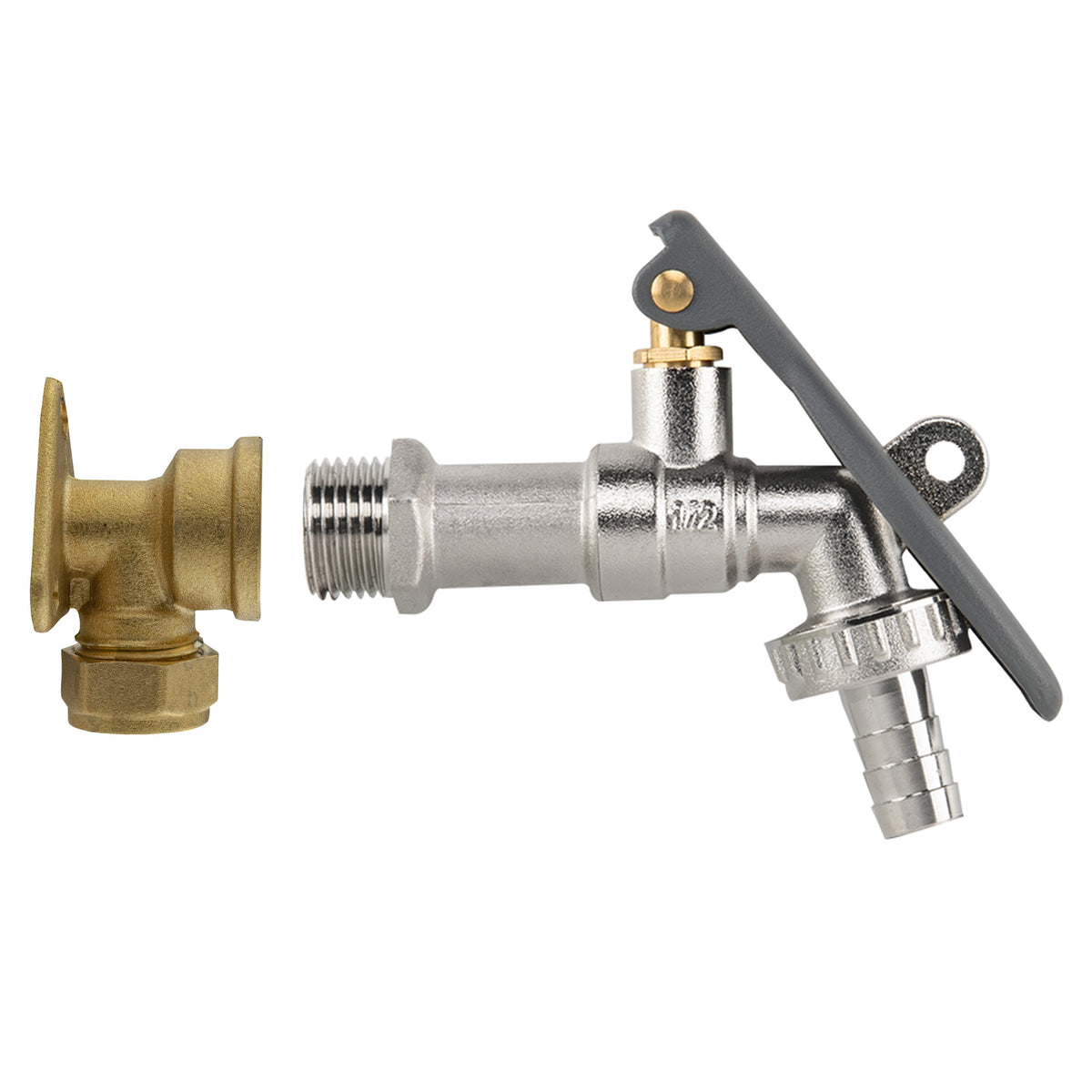 15mm Brass Wall Flange kit with lever-lock tap and half-inch hose-barb outlet.