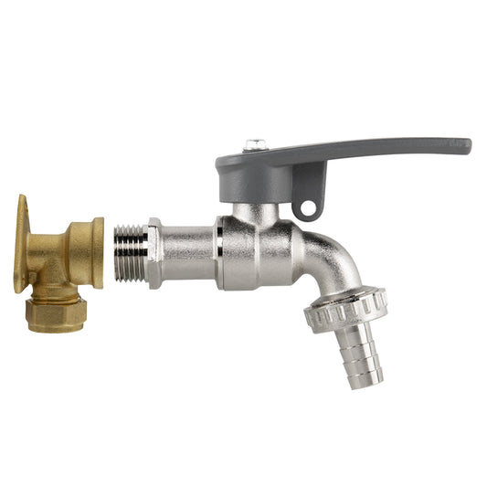 15mm Brass Wall Flange kit with side-lock lever tap and half-inch hose-barb outlet.