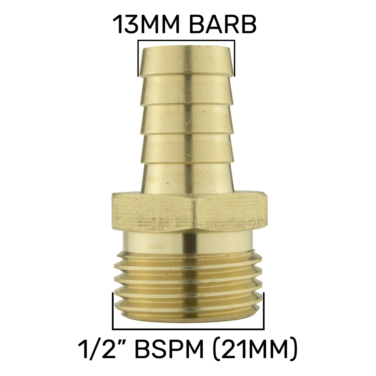 Brass Hose Tail Adapter – 13mm Barb × ½″ BSP Male