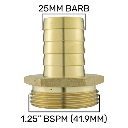 Brass Hose Tail Adapter – 25mm Barb × 1¼″ BSP Male