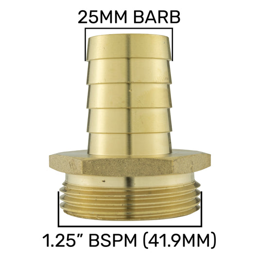 Brass Hose Tail Adapter – 25mm Barb × 1¼″ BSP Male
