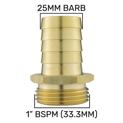 Brass Hose Tail Adapter – 25mm Barb × 1″ BSP Male
