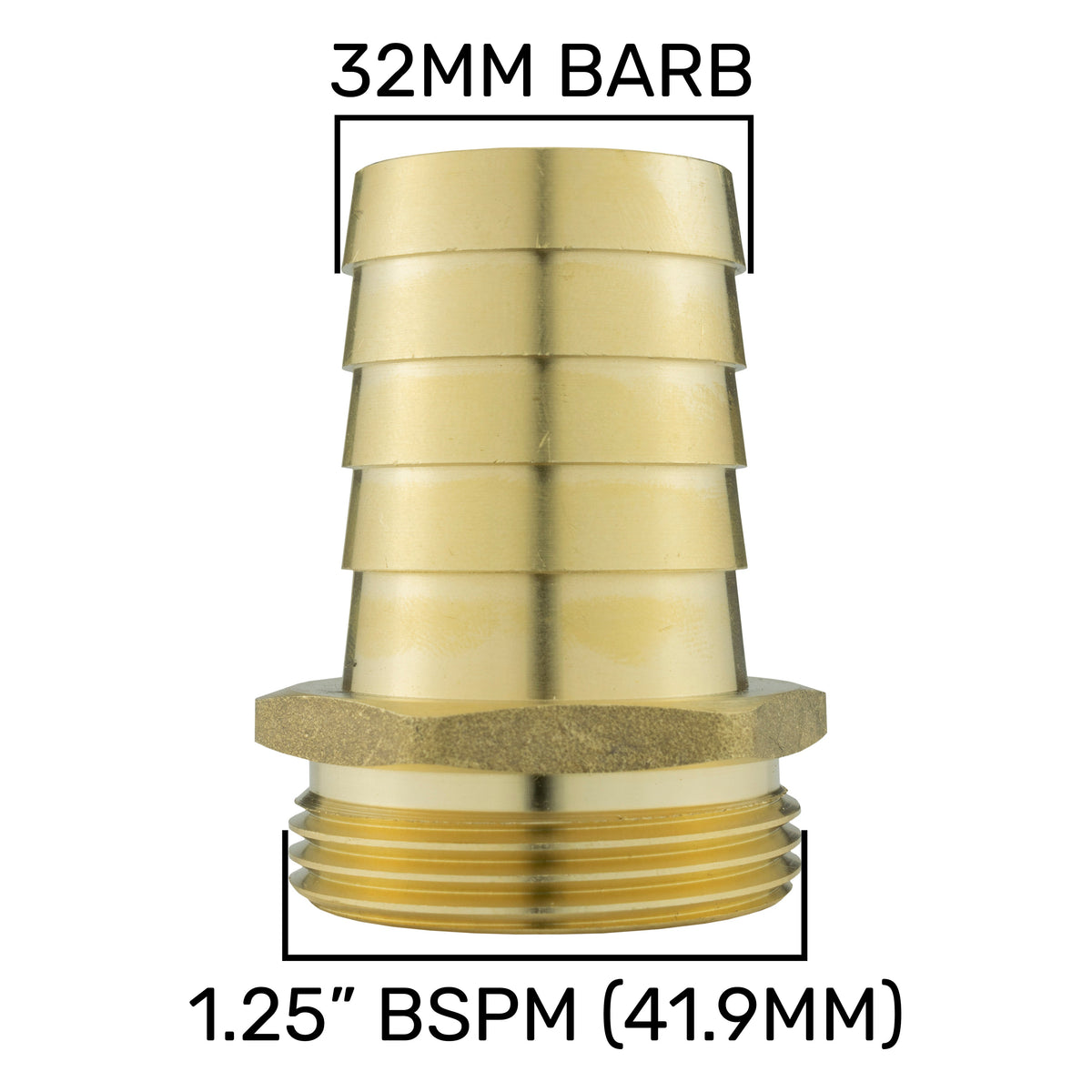 Brass Hose Tail Adapter – 32mm Barb × 1¼″ BSP Male
