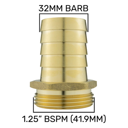 Brass Hose Tail Adapter – 32mm Barb × 1¼″ BSP Male