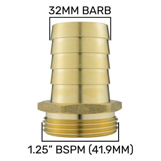 Brass Hose Tail Adapter – 32mm Barb × 1¼″ BSP Male
