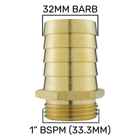 Brass Hose Tail Adapter – 32mm Barb × 1″ BSP Male