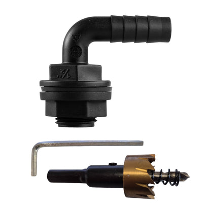 ½″ BSP tank fitting kit with ½″ hose barb and 21mm HSS hole cutter.
