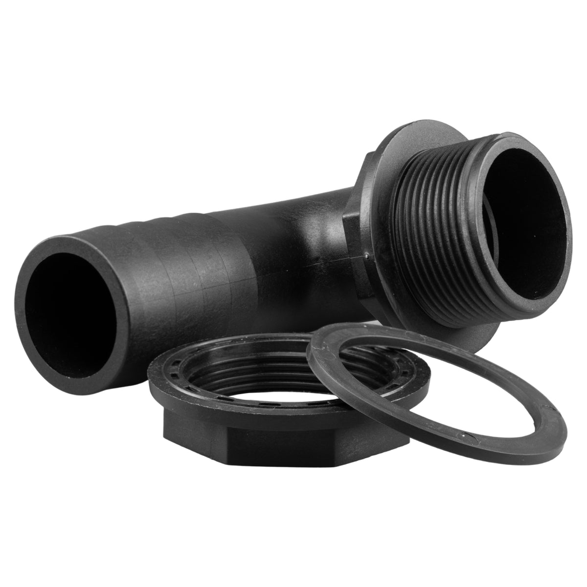 2″ BSP Male Water Butt Elbow – 1¼″ Hose Barb, Nut & Washer; supplied product design shown.