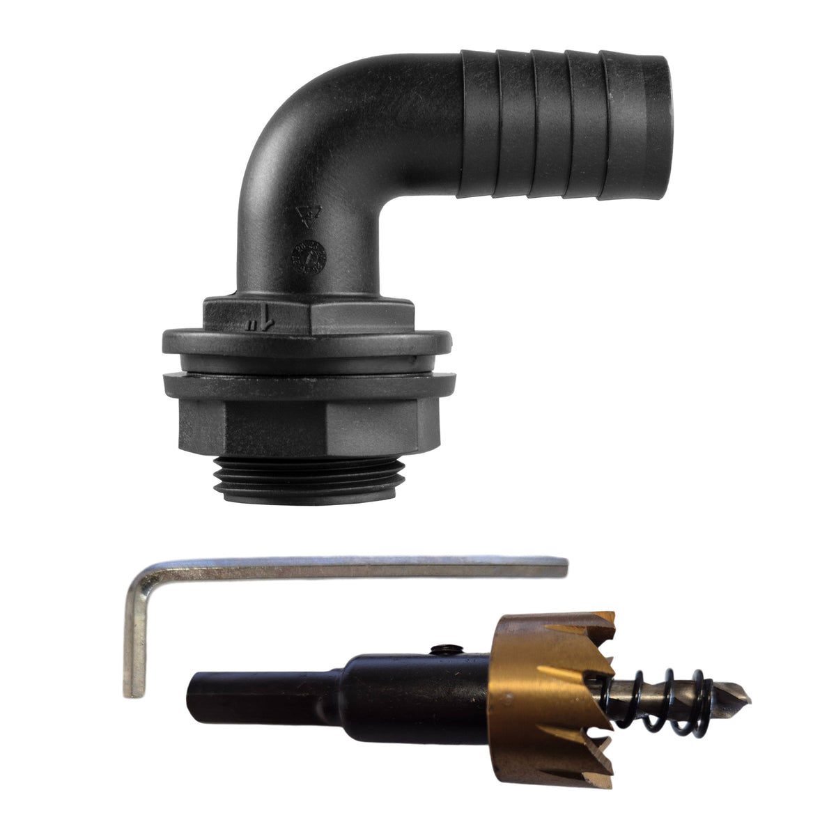 1″ BSP tank fitting kit with 1″ hose barb and 34mm HSS hole cutter.