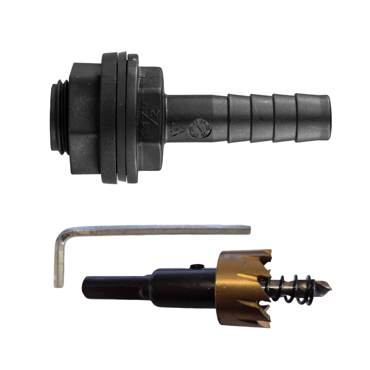 ½″ BSP tank fitting kit with ½″ hose barb and 21mm HSS hole cutter.