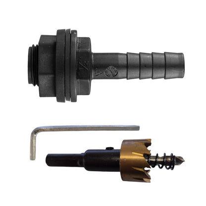 ½″ BSP tank fitting kit with ½″ hose barb and 21mm HSS hole cutter.