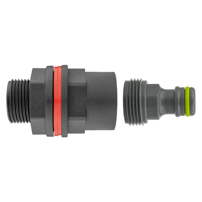 Water-butt tank connector kit with ½″ BSP mounting thread and male snap-on quick-connect plug.