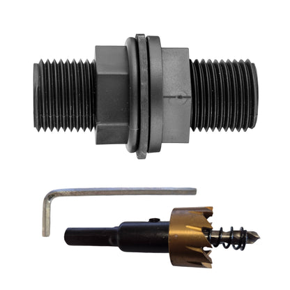 ½″ BSP tank fitting kit with ½″ BSP male thread and 21mm HSS hole cutter.