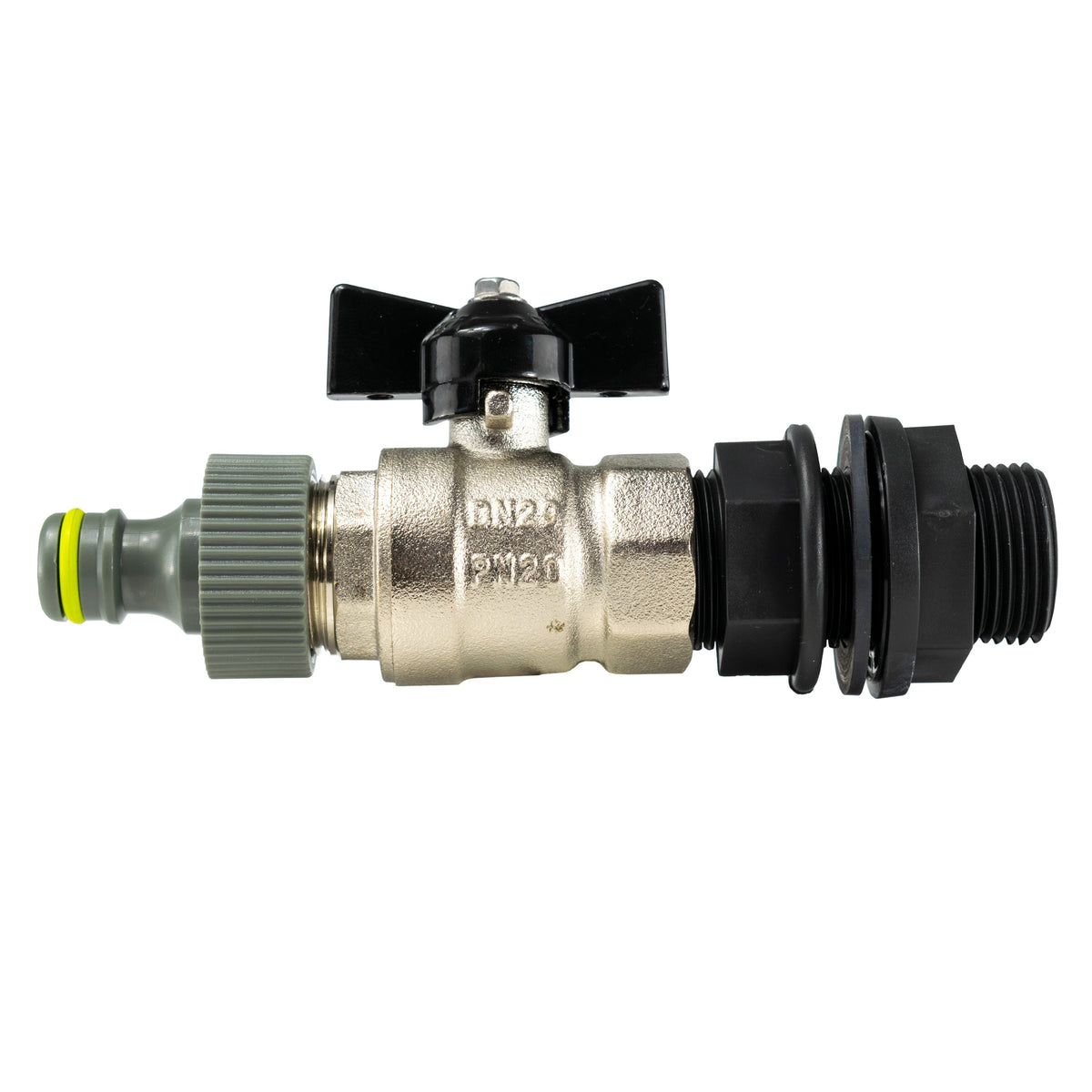 Water-butt tank connector kit with ½″ BSP mounting thread and male snap-on plug after manual valve.