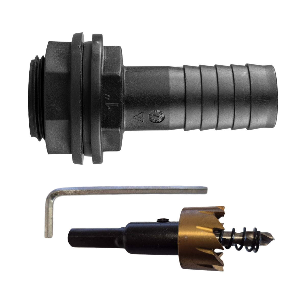 1″ BSP tank fitting kit with 1″ hose barb and 34mm HSS hole cutter.