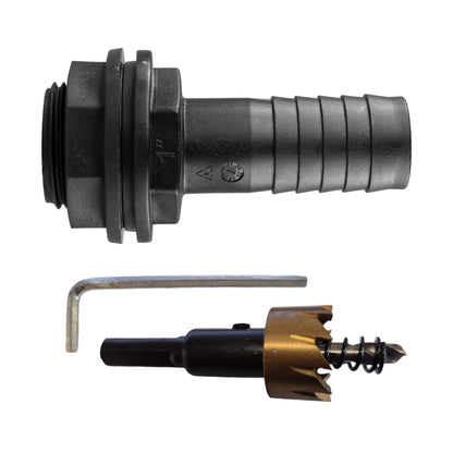 1″ BSP tank fitting kit with 1″ hose barb and 34mm HSS hole cutter.