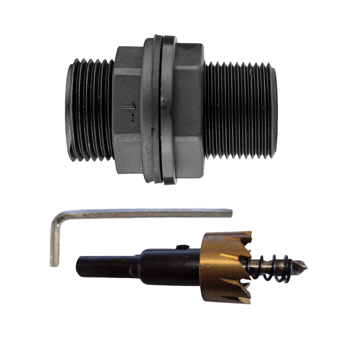 1″ BSP tank fitting kit with 1″ BSP male thread and 34mm HSS hole cutter.