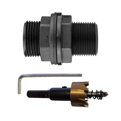 1″ BSP tank fitting kit with 1″ BSP male thread and 34mm HSS hole cutter.