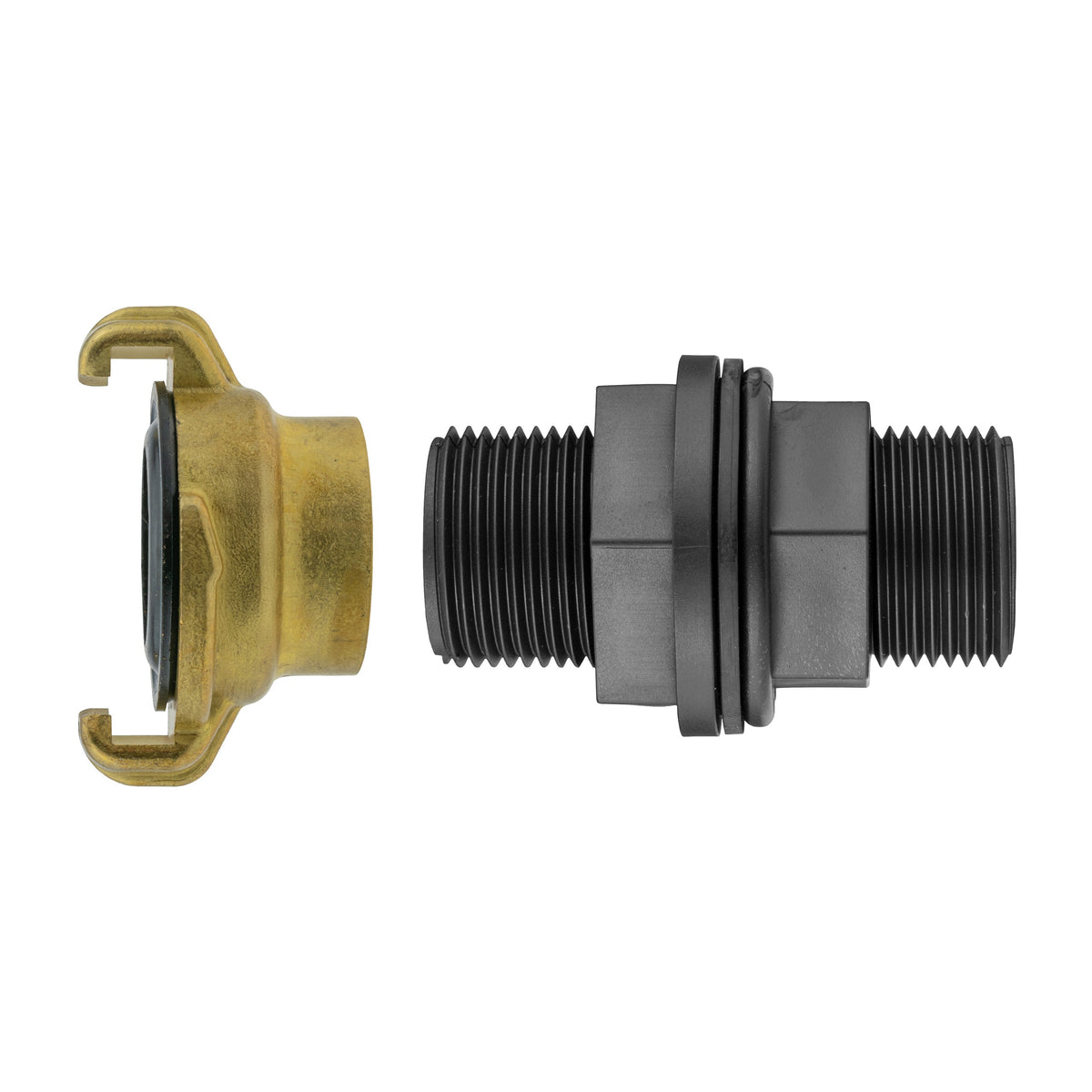 Water-butt tank connector kit with 1″ BSP mounting thread and Geka-type brass claw coupling.