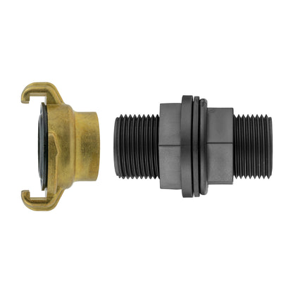 Water-butt tank connector kit with 1″ BSP mounting thread and Geka-type brass claw coupling.
