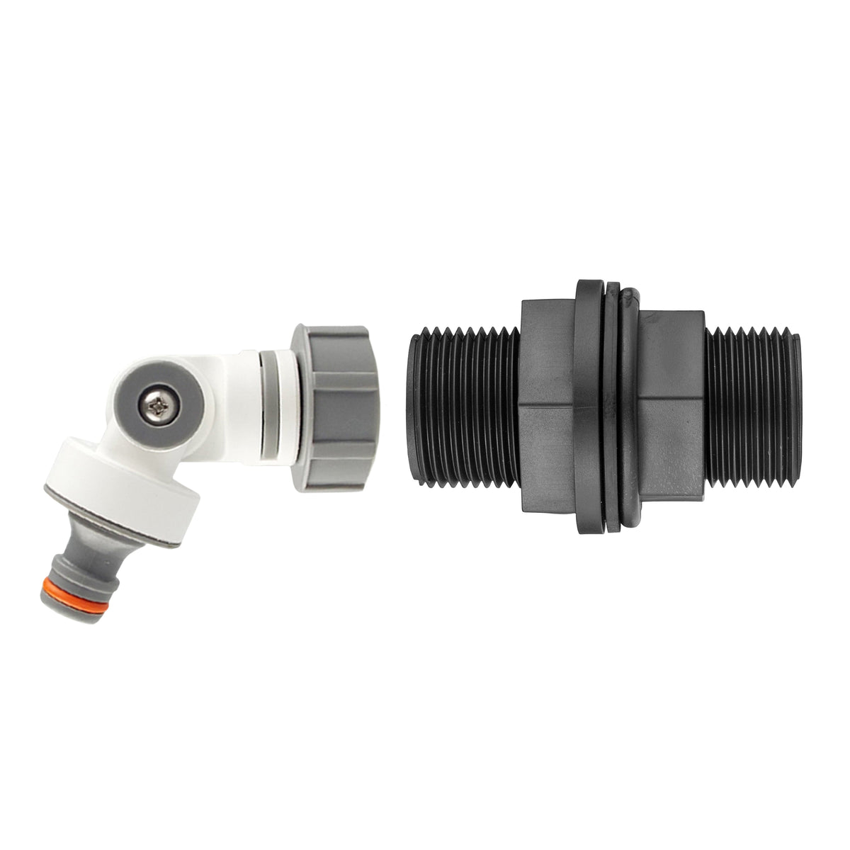 Water-butt tank connector kit with 1″ BSP mounting thread and male snap-on plug on adjustable-angle adapter.