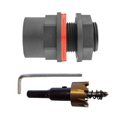 ¾″ BSP tank fitting kit with ¾″ BSP female thread and 27mm HSS hole cutter.