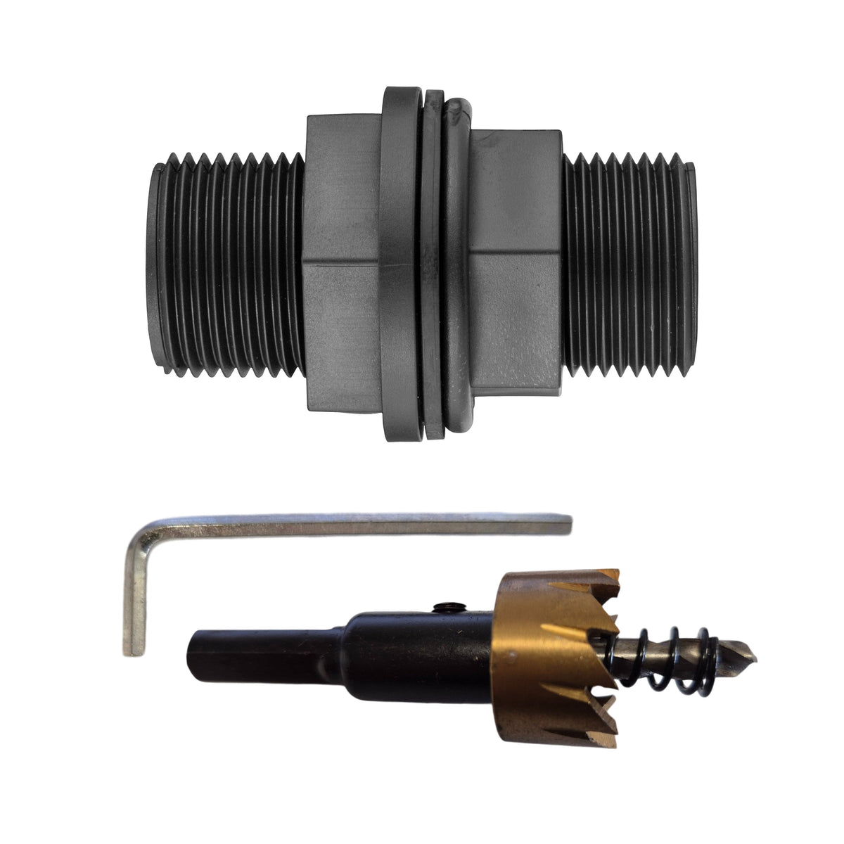 ¾″ BSP tank fitting kit with ¾″ BSP male thread and 27mm HSS hole cutter.
