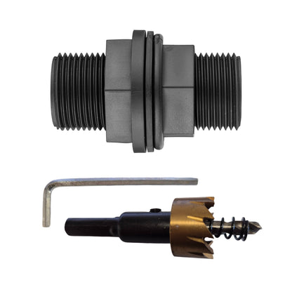 ¾″ BSP tank fitting kit with ¾″ BSP male thread and 27mm HSS hole cutter.