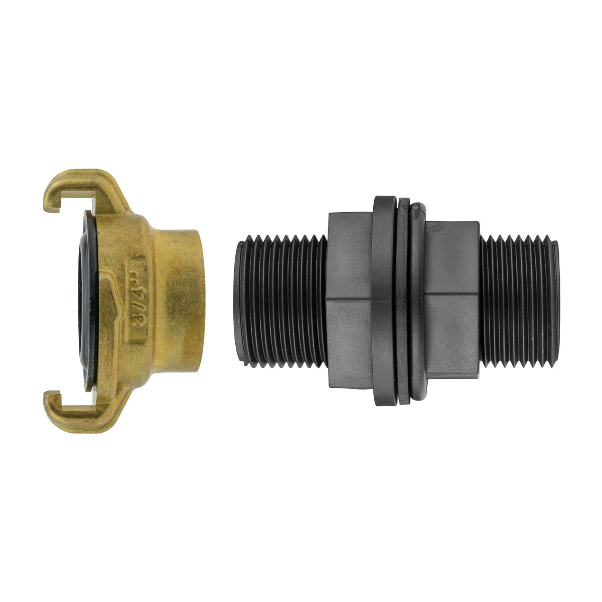 Water-butt tank connector kit with ¾″ BSP mounting thread and Geka-type brass claw coupling.