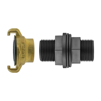 Water-butt tank connector kit with ¾″ BSP mounting thread and Geka-type brass claw coupling.