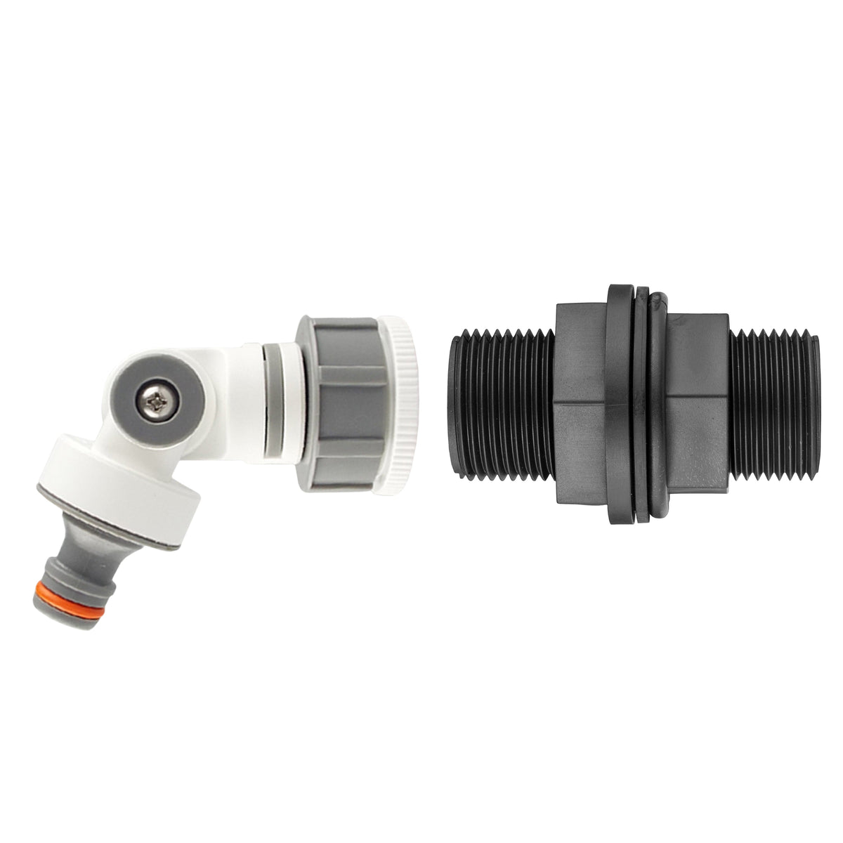 Water-butt tank connector kit with ¾″ BSP mounting thread and male snap-on plug on adjustable-angle adapter.