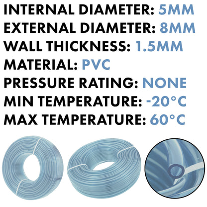 Clear PVC Tubing – 5mm Bore × 8mm OD, Length Options
